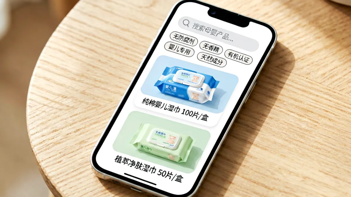 蜜芽网站官方APP新版本搜索界面，展示成分筛选标签交互细节