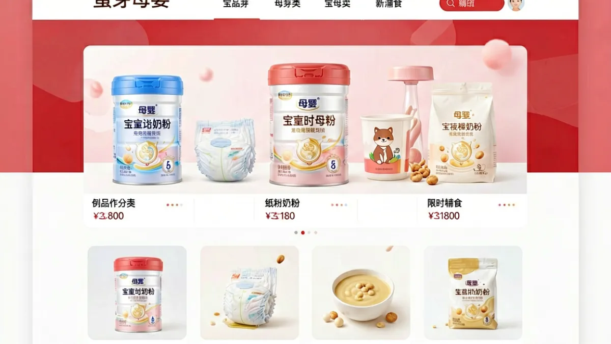 蜜芽网站官方首页界面示意图，展示母婴商品分类入口与限时特卖活动区域