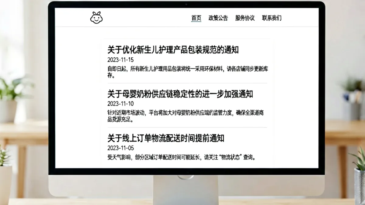 蜜芽网站官方公告页面截图，展示近期平台政策调整与活动上线的通知列表
