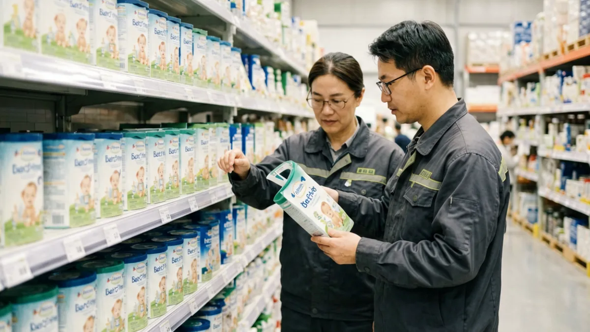 蜜芽网站官方 - 母婴选品团队在仓库对进口辅食进行实物审查的工作场景