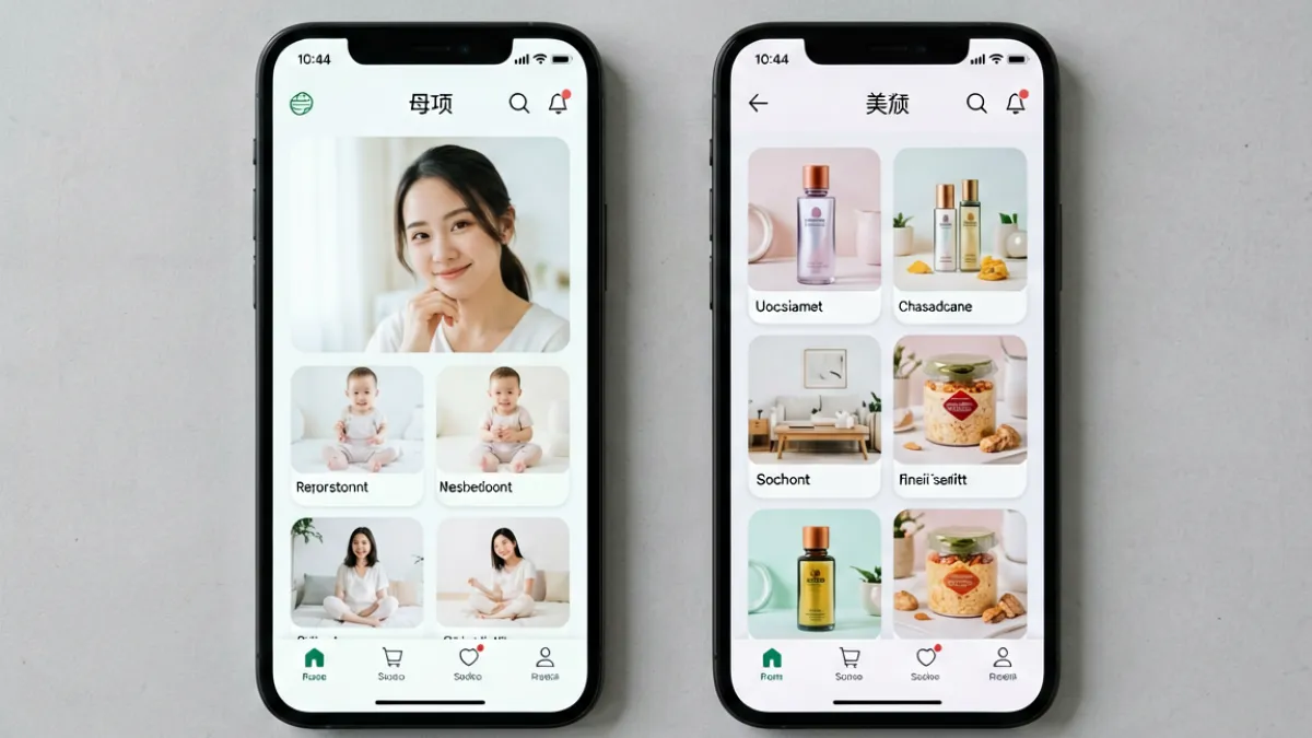 蜜芽网站官方 - 蜜芽APP改版后全品类家庭消费界面截图对比，展示从母婴垂直平台向综合平台转型的界面变化
